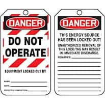 Lock Out/Tag Out; Danger - Do Not Operate (white block) - Equipment Locked Out By Lock Out/Tag Out; Danger - Do Not Operate (white block) - Equipment Locked Out By