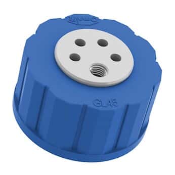 Diba Omnifit® T-Series Solvent Bottle Cap, 53B, 4 Luer ports and 1 venting port, blue; 1/ea
