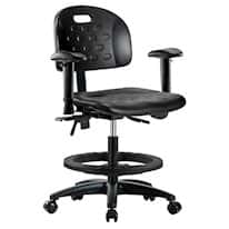 Cole-Parmer Black Polyurethane Bench Height Ergonomic Chair with arm rests, foot ring, and casters