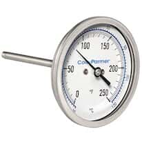 Cole-Parmer Industrial Bimetal Thermometer, 3” Dial, Back Connect,  12” Stem, 0/250F & -20/120C