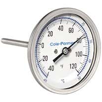 Cole-Parmer Industrial Bimetal Thermometer, 3” Dial, Back Connect,  4” Stem, -40/120F & -40/50C