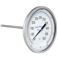 Cole-Parmer Industrial Bimetal Thermometer, 3” Dial, Back Connect,  9” Stem, 50/550F & 10/290C