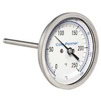 Cole-Parmer Industrial Silicone-Filled Bimetal Thermometer, 3” Dial, Back Connection, 2 ½” Stem, 0/250F & -20/120C