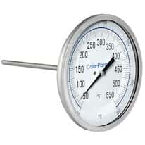 Cole-Parmer Industrial Silicone-Filled Bimetal Thermometer, 3” Dial, Back Connection, 4” Stem, 50/550F & 10/290C