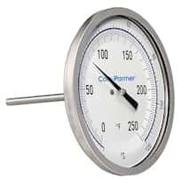 Cole-Parmer Industrial Bimetal Thermometer, 5” Dial, Back Connect,  9” Stem, 0/250F & -20/120C