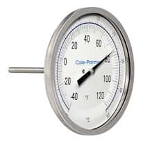 Cole-Parmer Industrial Bimetal Thermometer, 5” Dial, Back Connect,  2 ½” Stem, -40/120F & -40/50C
