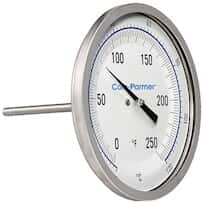 Cole-Parmer Industrial Silicone-Filled Bimetal Thermometer, 5” Dial, Back Connection, 6” Stem, 0/250F & -20/120C