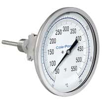 Cole-Parmer Industrial Silicone Filled Bimetal Thermometer, 5" Dial, Adjustable Angle, 9” Stem, 50-550°F (10-290°C)