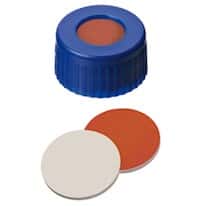 Cole-Parmer Short Thread Cap, 9mm, Blue Polypropylene, Red Rubber/PTFE Septa; 1000/pk SKU 9870336