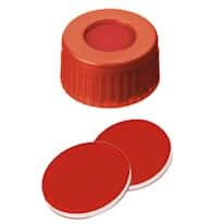 Cole-Parmer  Short Thread Cap, 9mm, Open Red Polypropylene, Red PTFE/Silicone/PTFE Septa; 1000/pk