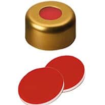 Cole-Parmer Gold Aluminum/Stainless Steel Magnetic Crimp Cap, 11 mm Dia., PTFE/Silicone/PTFE UltraClean™ Septum w/Hole; 1000/pk