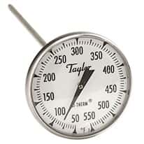 Taylor 6220J 2" Dial Bi-metal Test Thermometer, 8" Stem, 50F/550F, 1% Accy