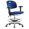 Cole-Parmer Cleanroom Blue Polyurethane Bench Height Ergonomic Chair In Chrome With Arm Rests, Foot Ring, And Casters