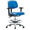 Cole-Parmer Blue Vinyl ESD Bench Height Ergonomic Chair In Chrome With Foot Ring, Arm Rests, And Casters