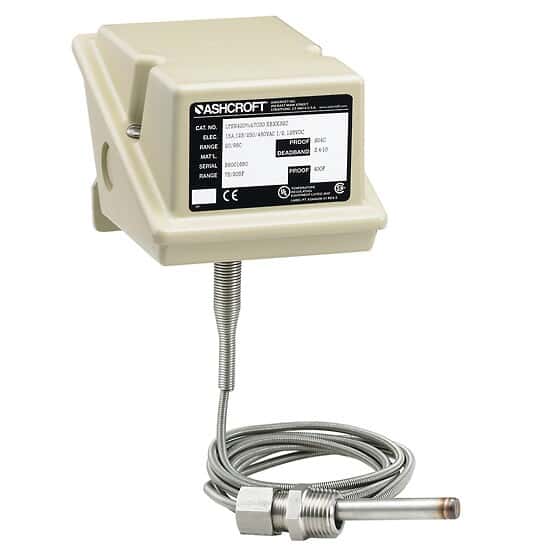 Ashcroft LTD Temperature Switch Remote Mount, 15' Capillary, 75/205°F, 2 Ind. Setpoints w/ Adapter