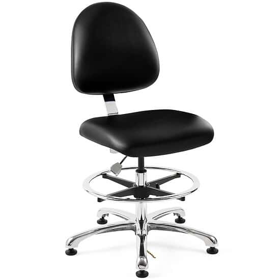 Bevco 9550ME2-BLK Tall Height ESD/ISO 5 Cleanroom Black Vinyl Chair; Medium Back; AL Base w/Adj. Footring