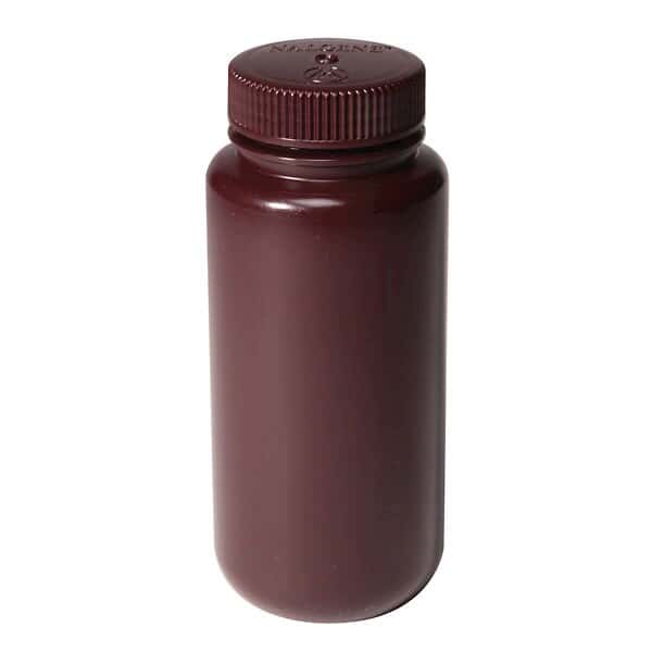 Cole-Parmer Economy Amber Wide-Mouth Plastic Bottle, HDPE, 250mL (8oz); 12/PK
