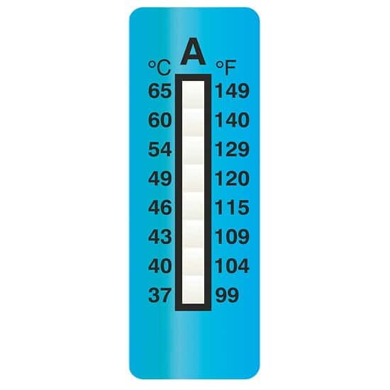 Cole-Parmer Irreversible 8-Point Vertical Temperature Label, 100-150F/37-65C; 25/Pk