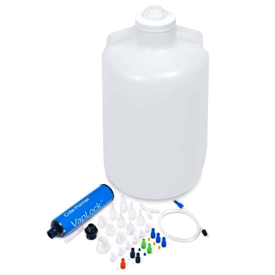Cole-Parmer VapLock™ Solvent Waste Kit with Wide-Mouth Carboy, 10-Port, Polypropylene and LDPE, 100-415 Closure, 20 L