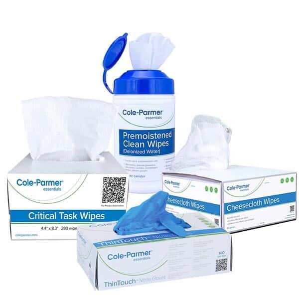 ColeParmer Disposable Nitrile Gloves and PreWetted DI Water Wipes