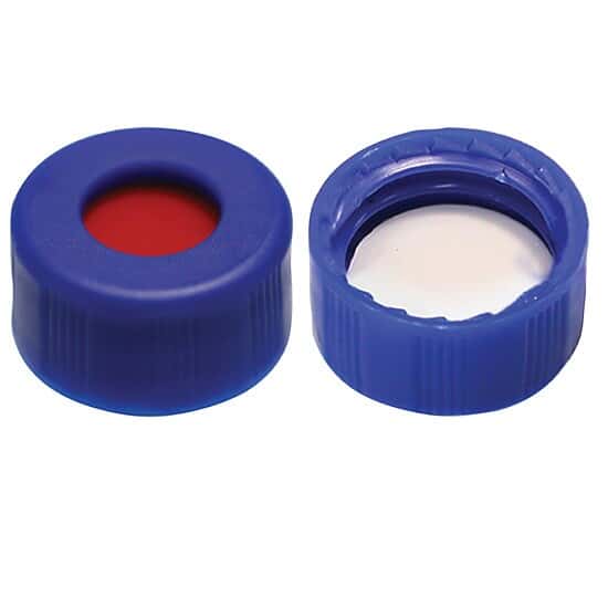 Cole-Parmer Screw Caps, 9 mm, Blue PP, Non-Slitted/Non-Bonded, White PTFE/Red SL Septa; 100/Pk, 100 Pk/Cs