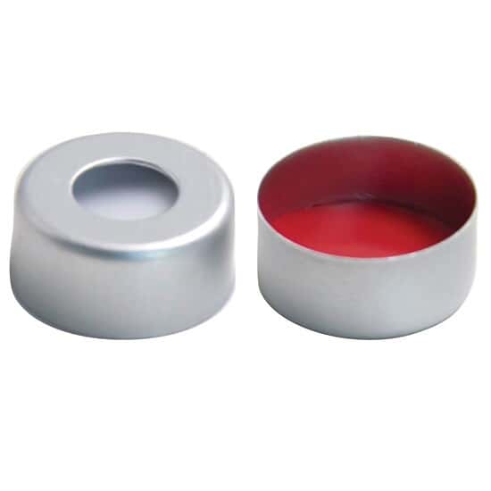 Cole-Parmer Crimp Top Caps, 11 mm, Aluminum, Red PTFE/White Silicone Septa; 100/Pk
