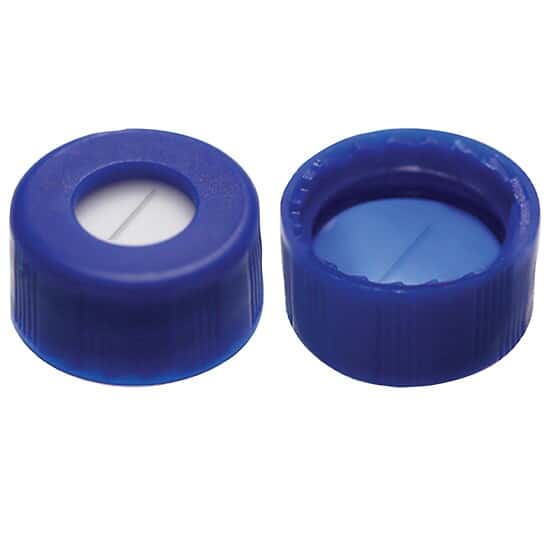 Cole-Parmer Screw Caps, 9 mm, Blue PP, Pre-Slit, Blue PTFE/White Silicone Septa; 100/Pk, 100 Pk/Cs