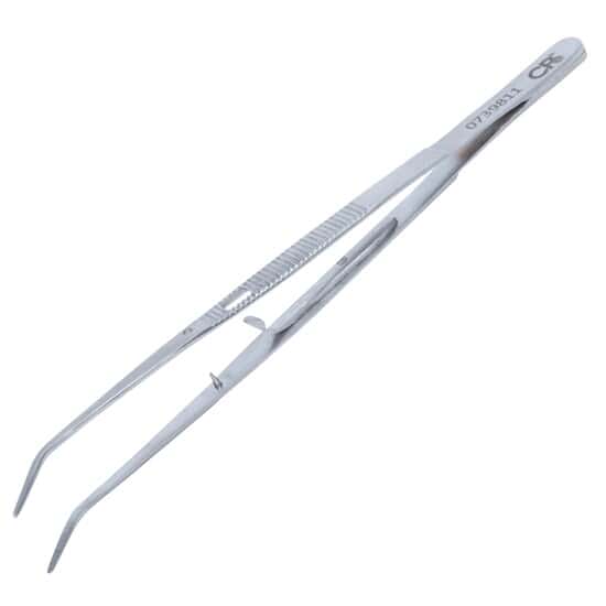 Cole-Parmer Stainless Steel Tweezers, w/ Lock, Bent Tips, Serrated, 152mm