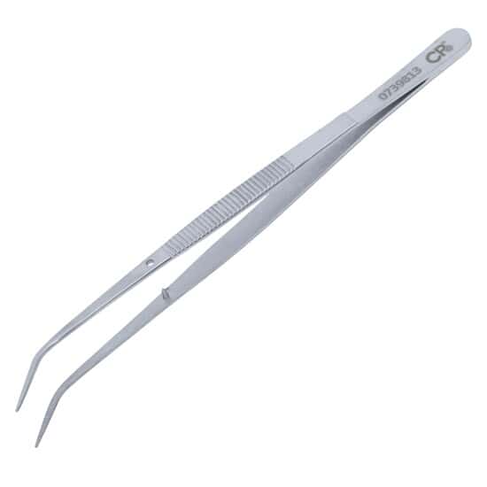 Cole-Parmer Stainless Steel Tweezers, w/ Pin, Bent Tips, Serrated, 152mm
