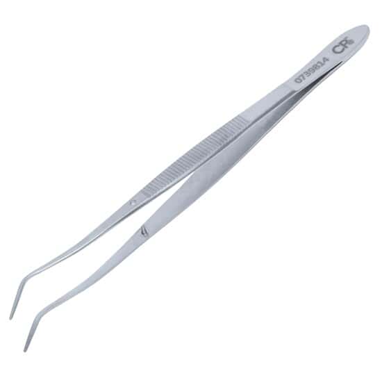 Cole-Parmer Stainless Steel Tweezers, w/ Pin, Offset Bent Tips, Serrated, 152mm 