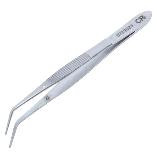 Cole-Parmer Stainless Steel Tweezers, w/ Pin, Bent Tips, Serrated, 101mm