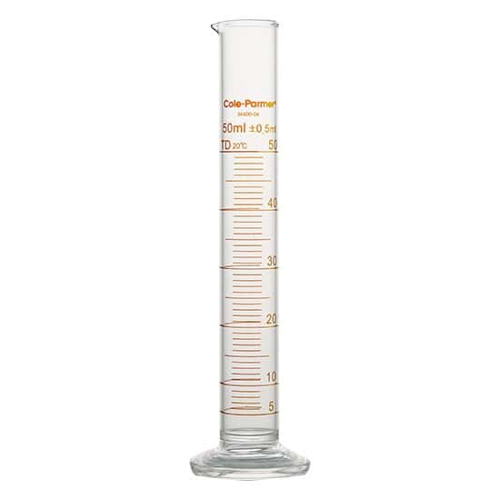 Cole-Parmer Graduated Cylinder, Class B, To Deliver, 50 mL, Red Stripe