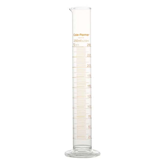 Cole-Parmer Graduated Cylinder, Class B, To Deliver, 250 mL, Red Stripe