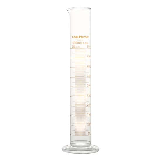 Cole-Parmer Graduated Cylinder, Class B, To Deliver, 500 mL, Red Stripe