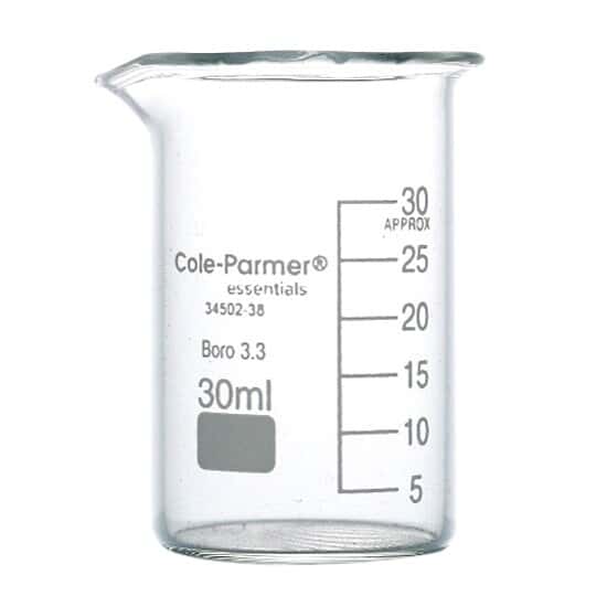 Cole-Parmer Low-Form Beaker, Glass, Griffin Style, Graduated, 30 mL; 12/Pk