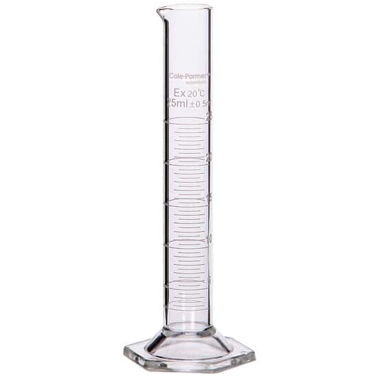 Cole-Parmer Graduated Cylinder, Borosilicate Glass, Hexagonal Base, Autoclavable, 25 mL