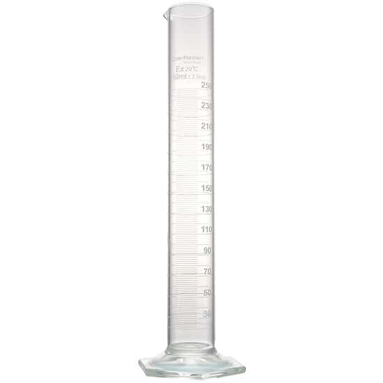 Cole-Parmer Graduated Cylinder, Borosilicate Glass, Hexagonal Base, Autoclavable, 250 mL