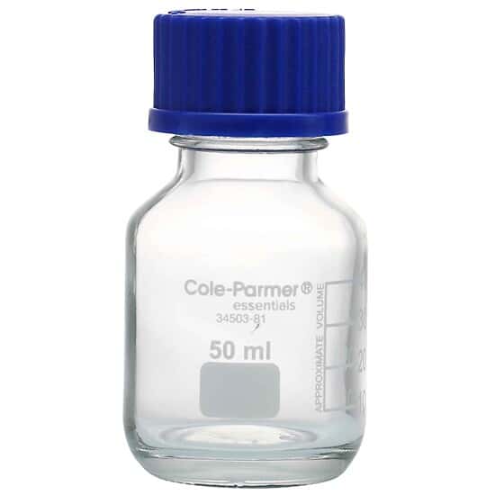Cole-Parmer Glass Media Bottles, Class A, Round, 50 mL (1.7 oz); 10/Pk