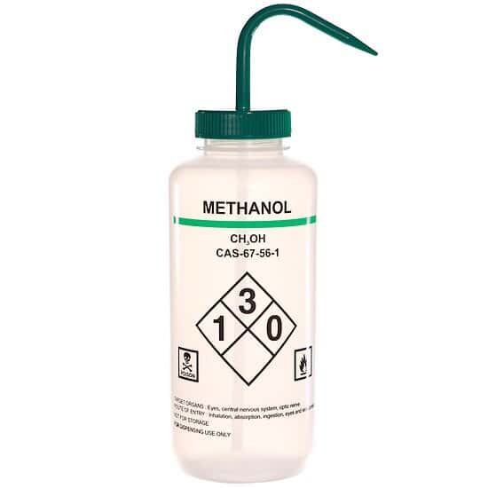 Cole-Parmer Safety Wash Bottle, LDPE, Vented, Methanol, 500mL (16oz); 6/PK