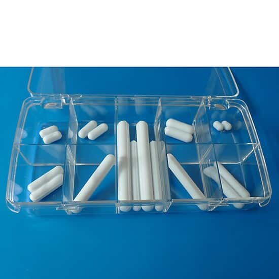 Cole-Parmer PTFE Stirrer Bars, Boxed Assortments, 18 Plain, 2 each of 10 x 6, 15 x 6, 20 x 7, 25 x 8, 30 x 7, 40 x 8, 50 x 8, 60 x 7, 80 x 10 mm