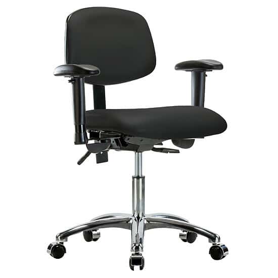 Cole-Parmer Ergonomic Chair, Vinyl, Desk Height, Black, Adjustable Arms, Chrome Casters