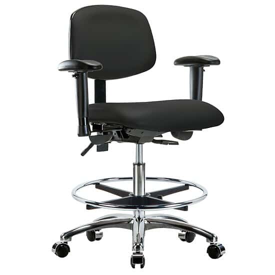 Cole-Parmer Ergonomic Chair, Vinyl, Bench Height, Black, Adjustable Arms, Chrome Casters, Chrome Foot Ring