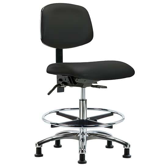 Cole-Parmer Ergonomic Chair, Vinyl, Bench Height, Black, No Arms, Gliders, Chrome Foot Ring