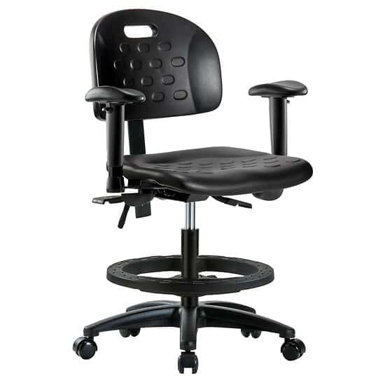 Cole-Parmer Black Polyurethane Bench Height Ergonomic Chair With Arm Rests, Foot Ring, And Casters