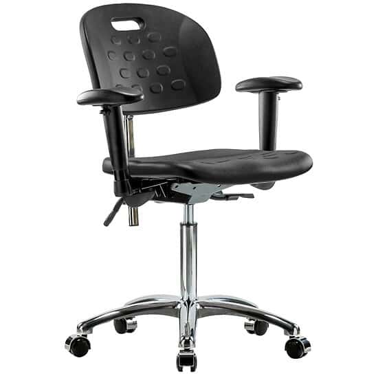 Cole-Parmer Cleanroom Black Polyurethane Desk Height Ergonomic Chair In Chrome With Arm Rests And Casters