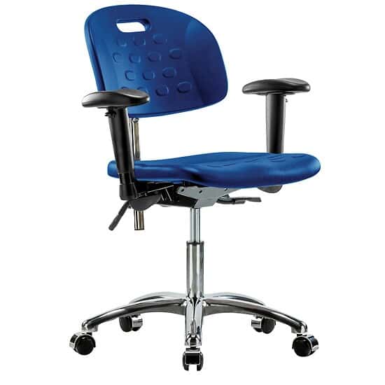 Cole-Parmer Cleanroom Blue Polyurethane Desk Height Ergonomic Chair In Chrome With Arm Rests And Casters