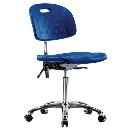 Cole-Parmer Cleanroom Blue Polyurethane Bench Height Ergonomic Chair In Chrome With Casters