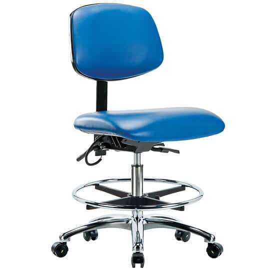 Cole-Parmer Blue Vinyl ESD Bench Height Ergonomic Chair In Chrome With Foot Ring And Casters