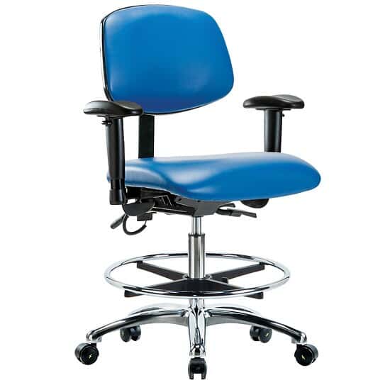 Cole-Parmer Blue Vinyl ESD Bench Height Ergonomic Chair In Chrome With Foot Ring, Arm Rests, And Casters