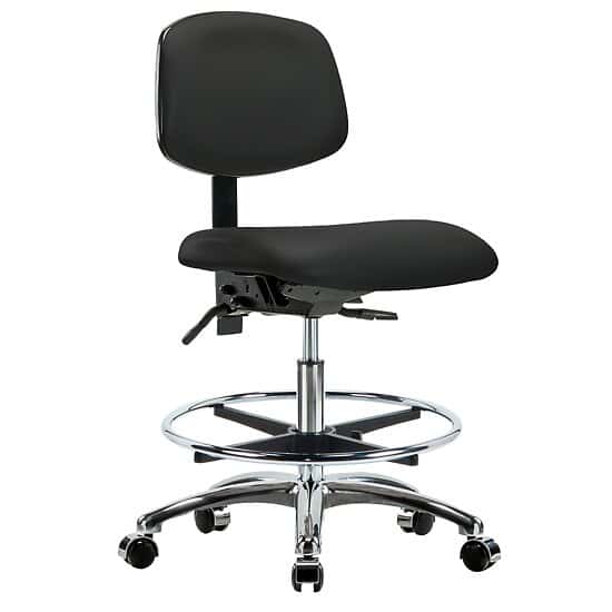 Cole-Parmer Cleanroom  Ergonomic Chair, Vinyl, Bench Height, Black, No Arms, Gliders, Chrome Foot Ring